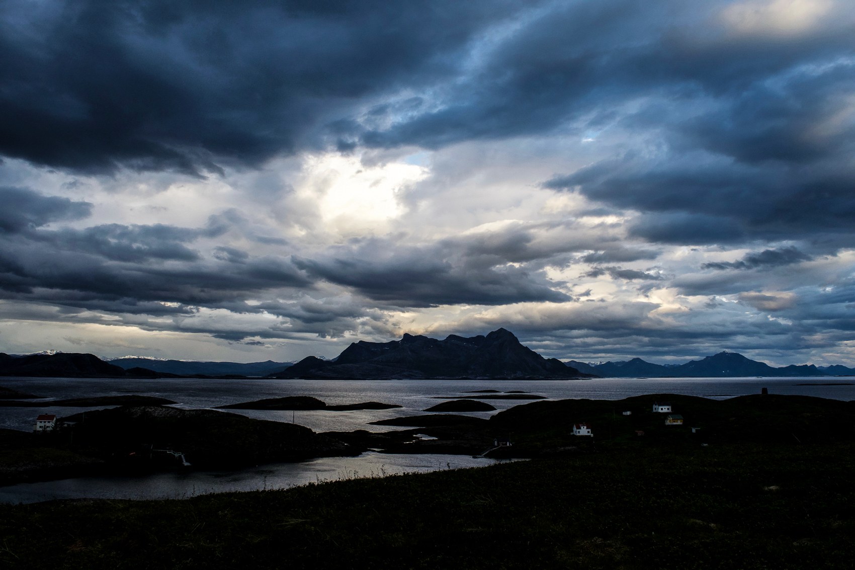 A dramatic sky over the fjord at Fleinvær, Norway.