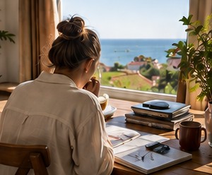 A woman working at a table beside a window overlooking the sea and rooftops.