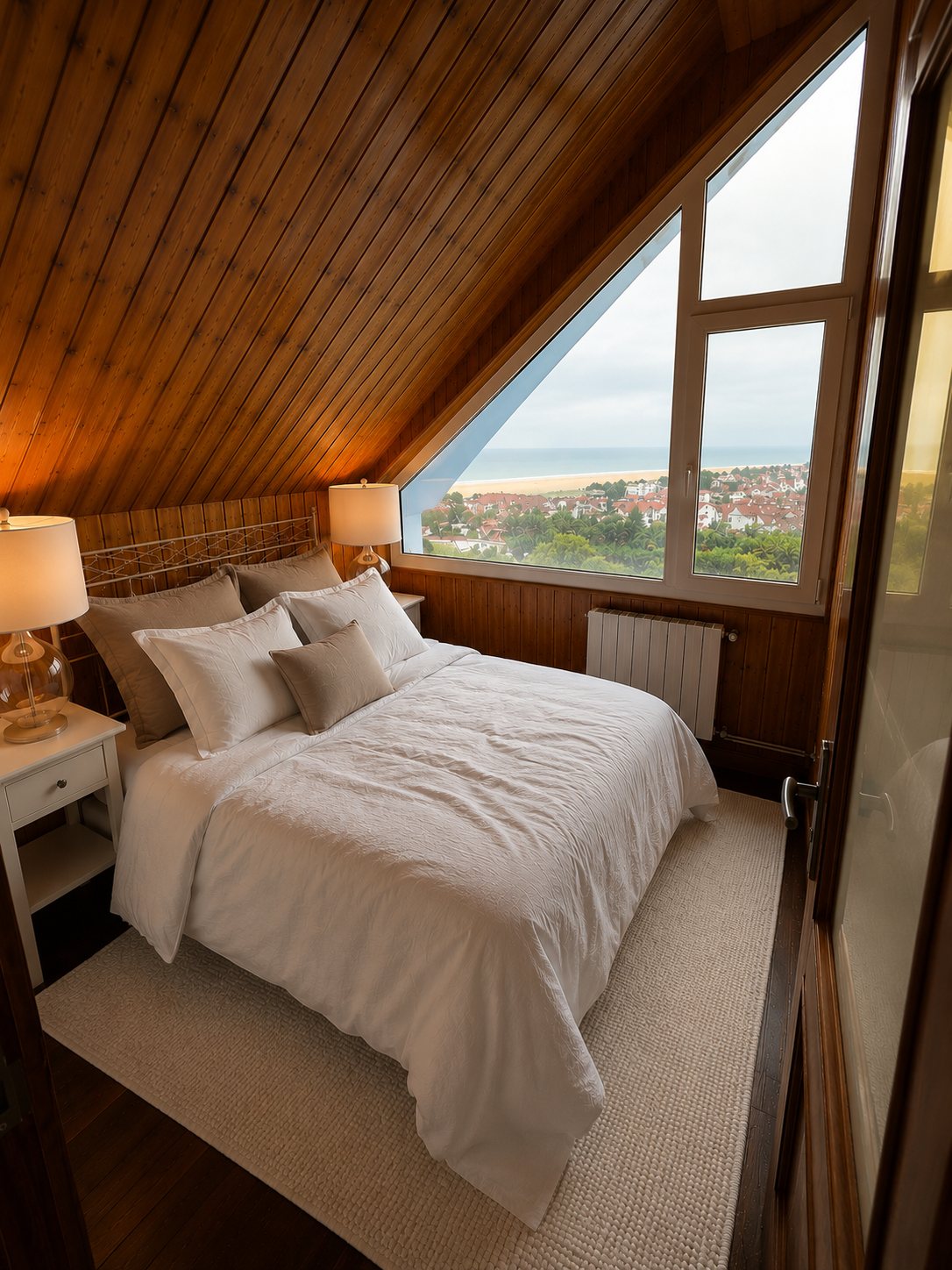 An A-frame attic bedroom with a sea-view window.