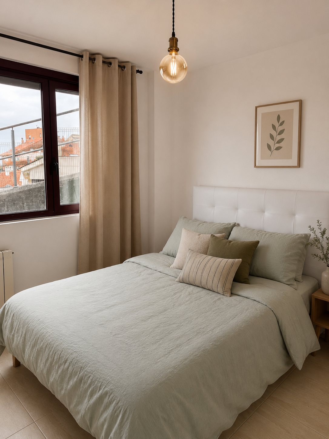 A bedroom in sage green linen with a tufted white headboard, overlooking the rooftops.