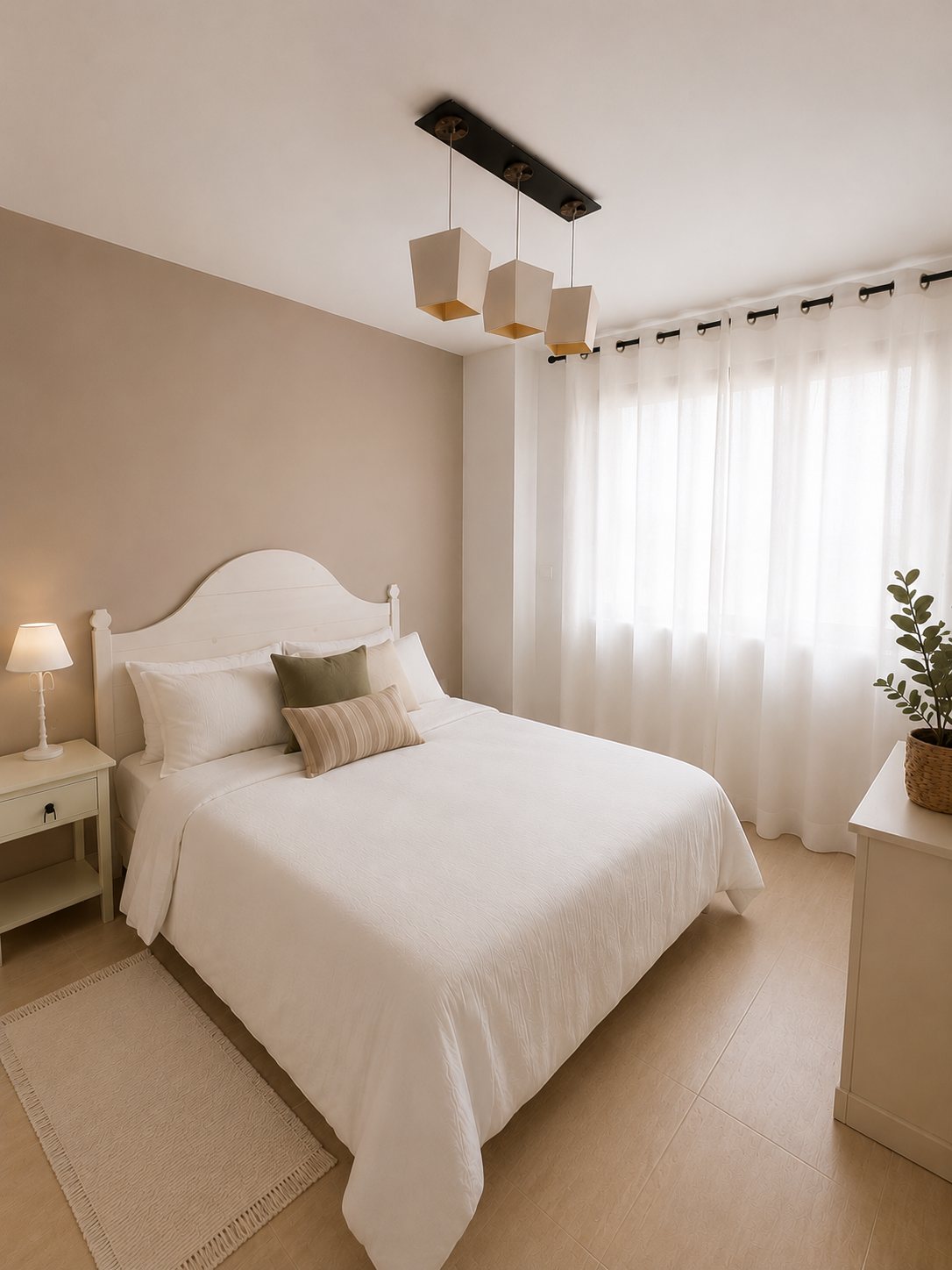 A bedroom with a taupe accent wall, white headboard and amber pendant lights.