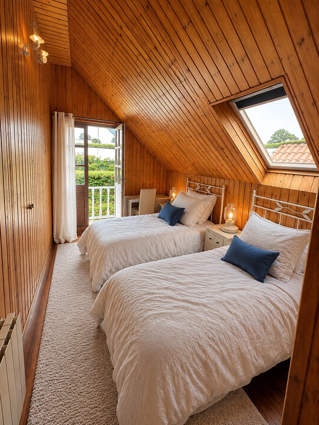 A wood-panelled twin bedroom with access to a balcony.