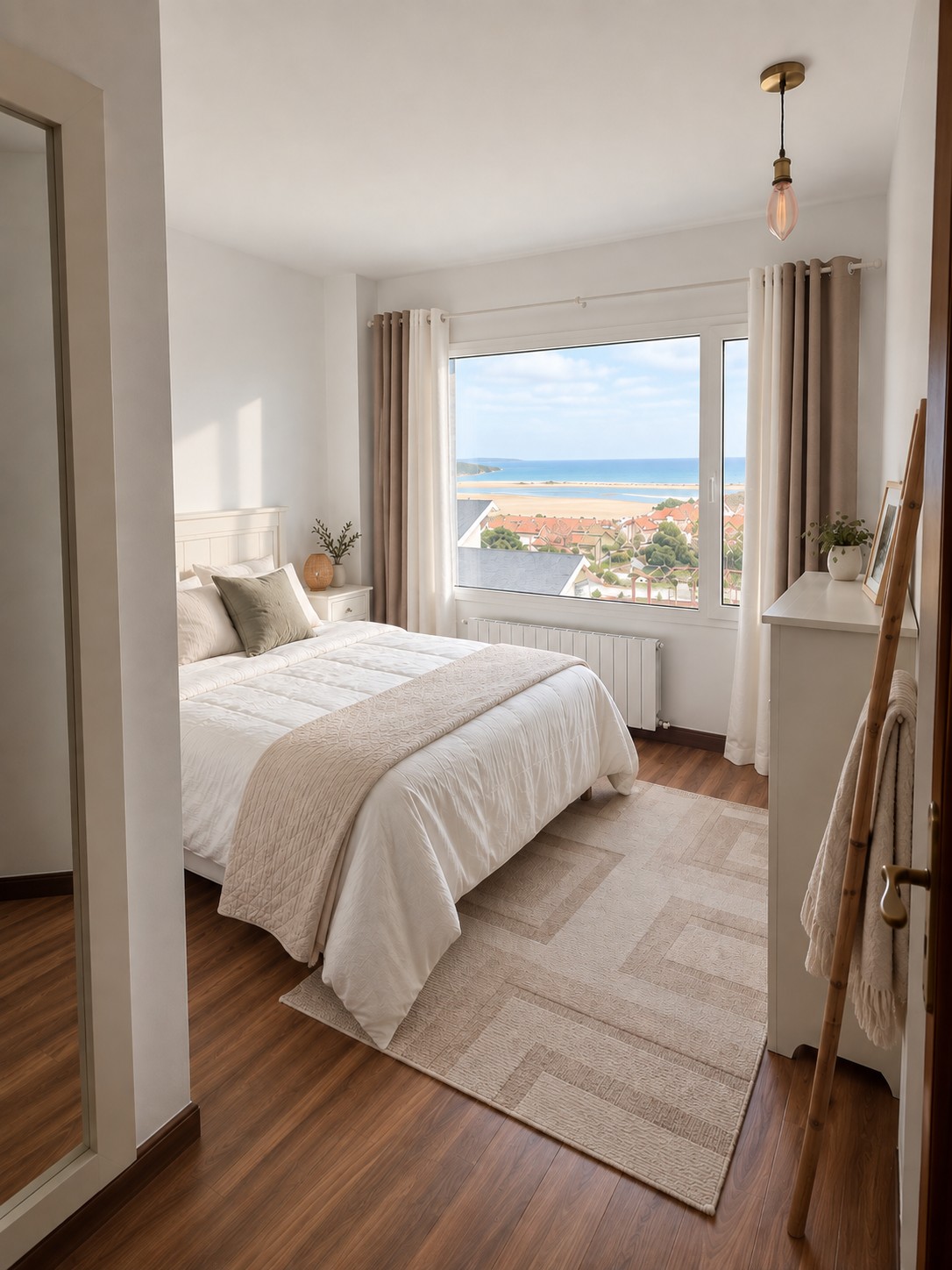 A bedroom with an ocean-view window, a white dresser and a woven towel ladder.