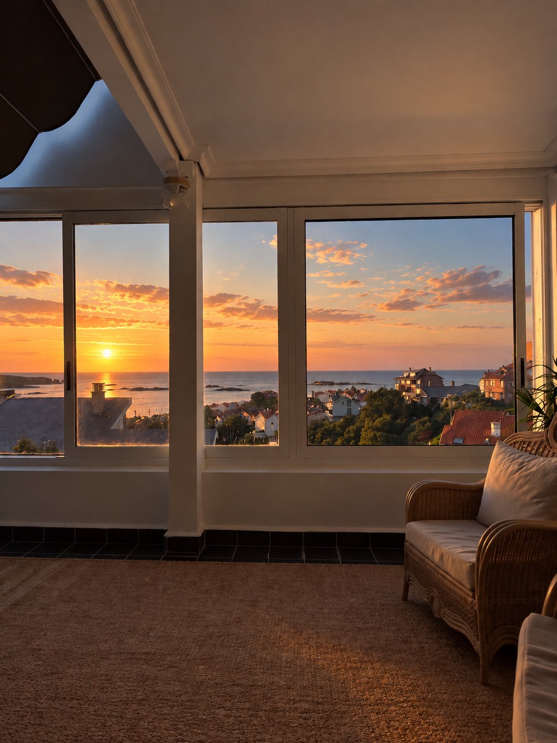 A sunroom with wicker chairs, looking out over the rooftops to the sea at sunset.
