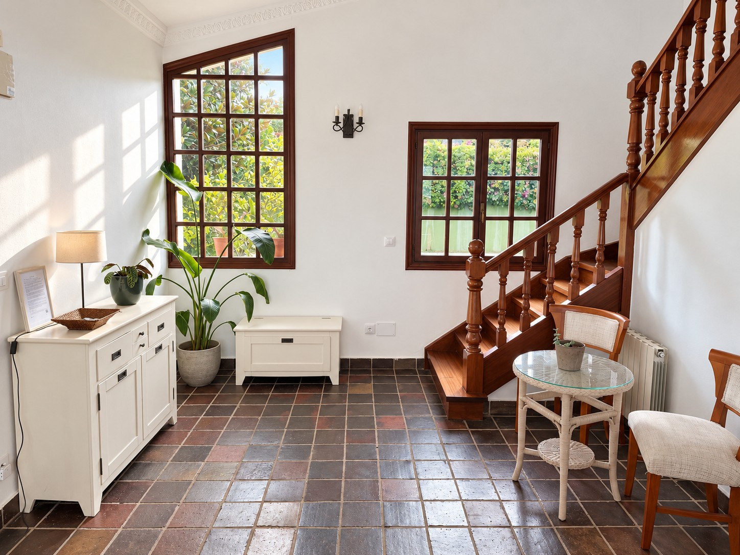 A console table and tall plant in the entry hall, beside the staircase.