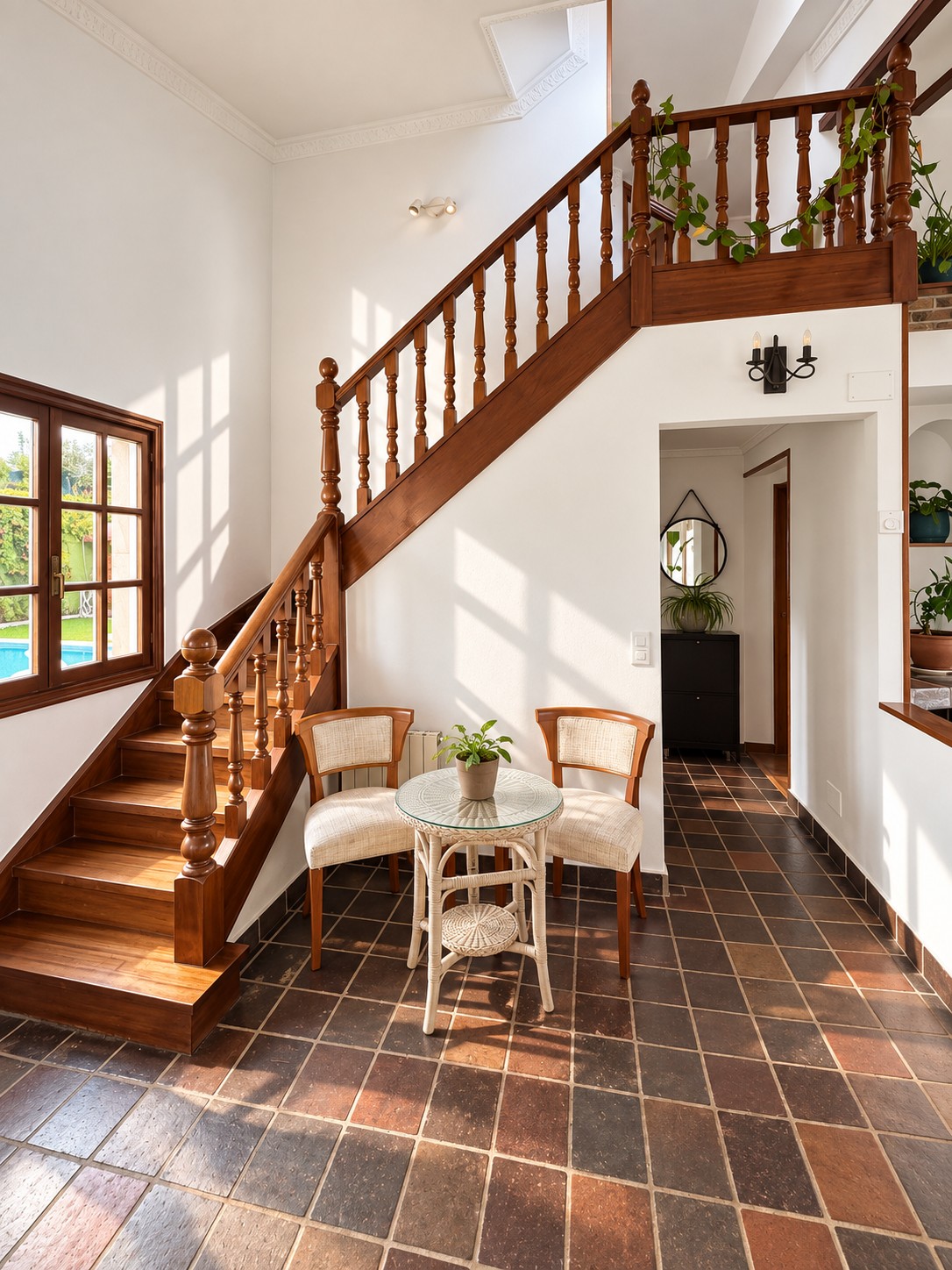 The wooden staircase in the entry hall, with a wicker table and chairs at its foot.
