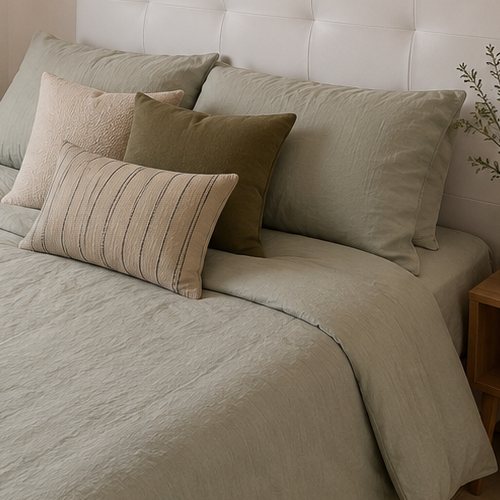 A close-up of sage green linen and cushions on a bed.