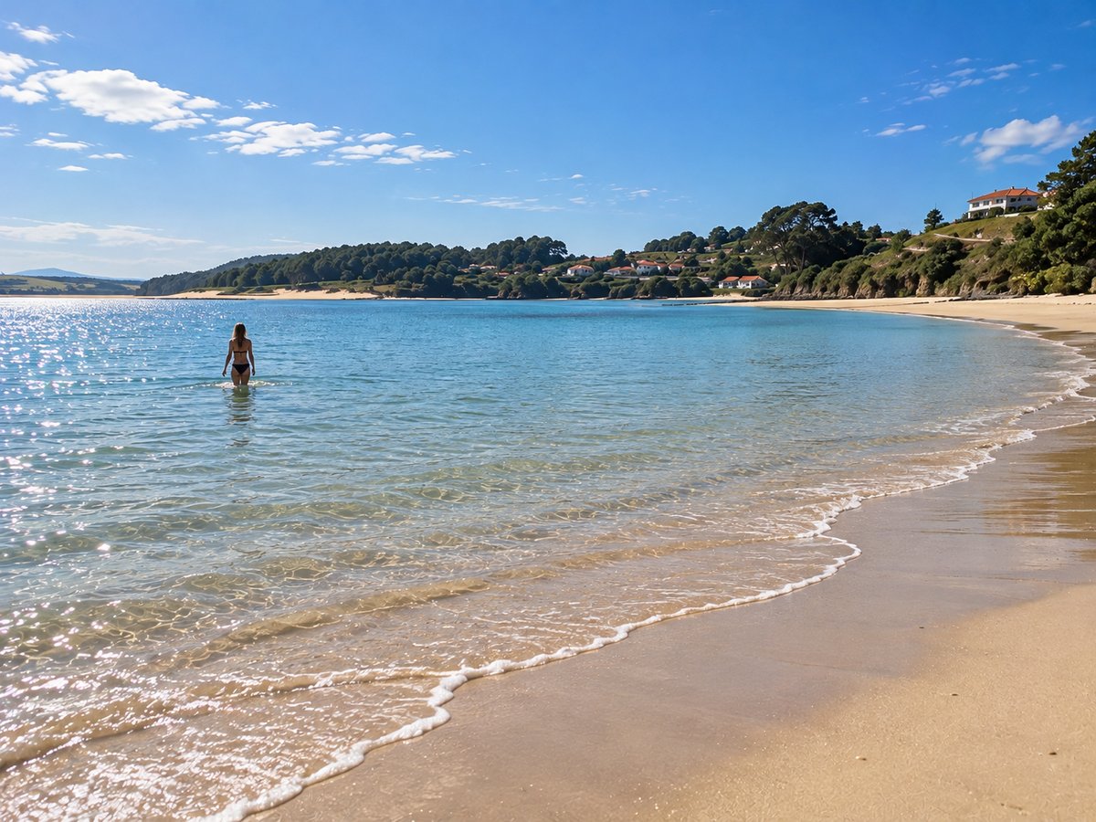 A woman wading into the calm turquoise water at Playa Usil, with the sandy cove and hillside houses beyond.