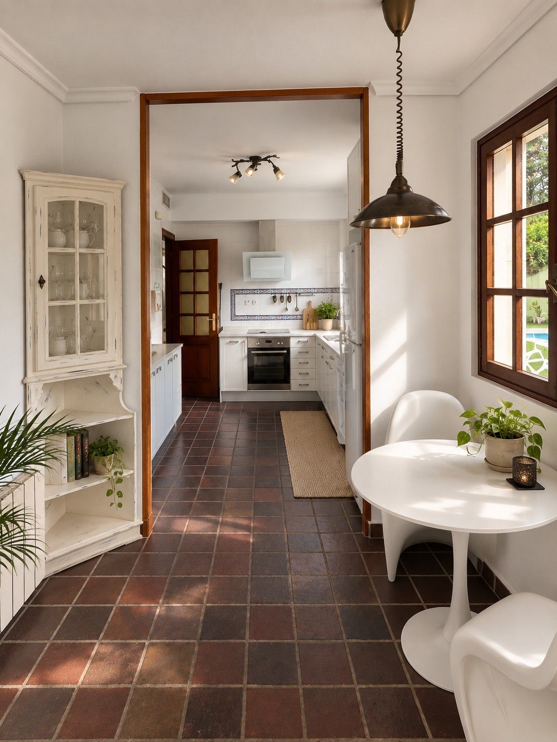 A sunlit hallway with terracotta floor tiles leading into the kitchen, with a pendant lamp overhead.
