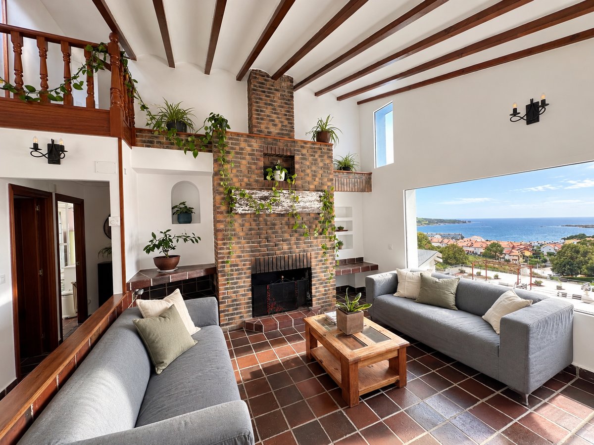 A vaulted living room with a brick fireplace, two sofas, and a wide window looking out over the sea.