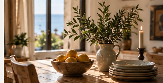 A rustic dining table set with fruit, olive branches and a lit candle.
