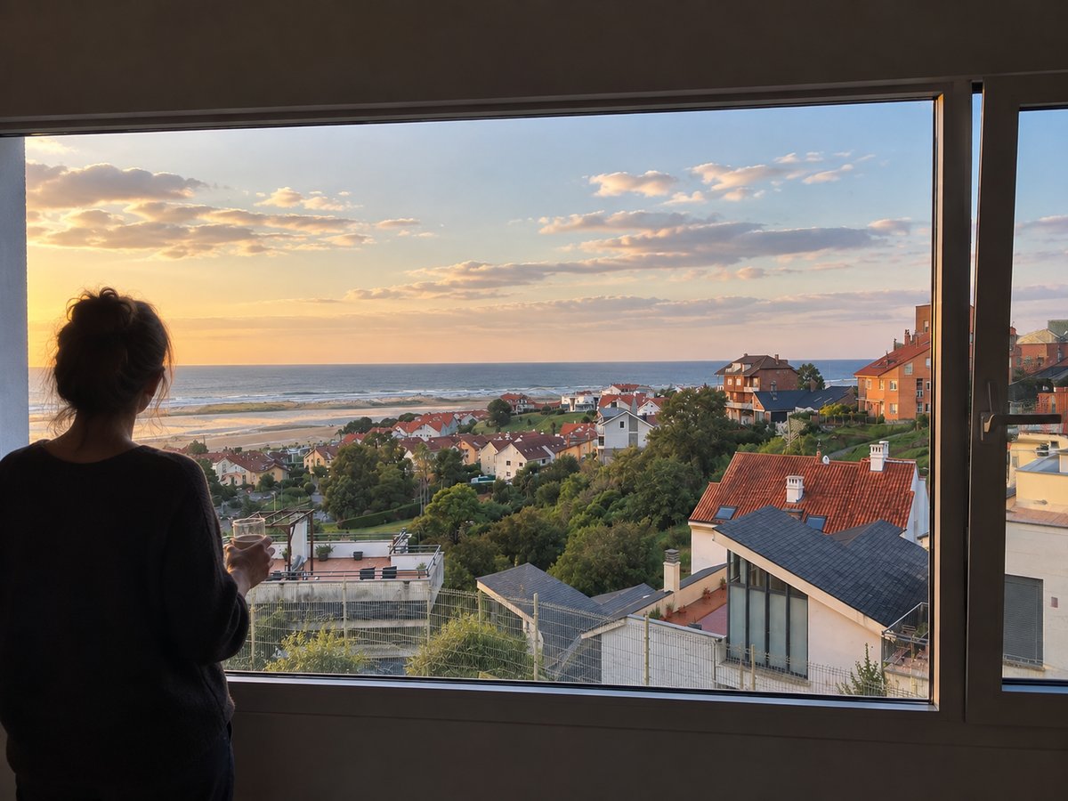 A woman looking out over the rooftops to the sea at sunset, glass in hand.