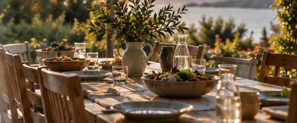 A long table set for dinner on a terrace at sunset, overlooking the coast.