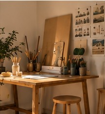 A writer working at a sunlit desk with sketches and notebooks.