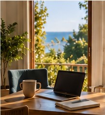 A laptop and coffee on a wooden desk beside an open window looking over the coast.