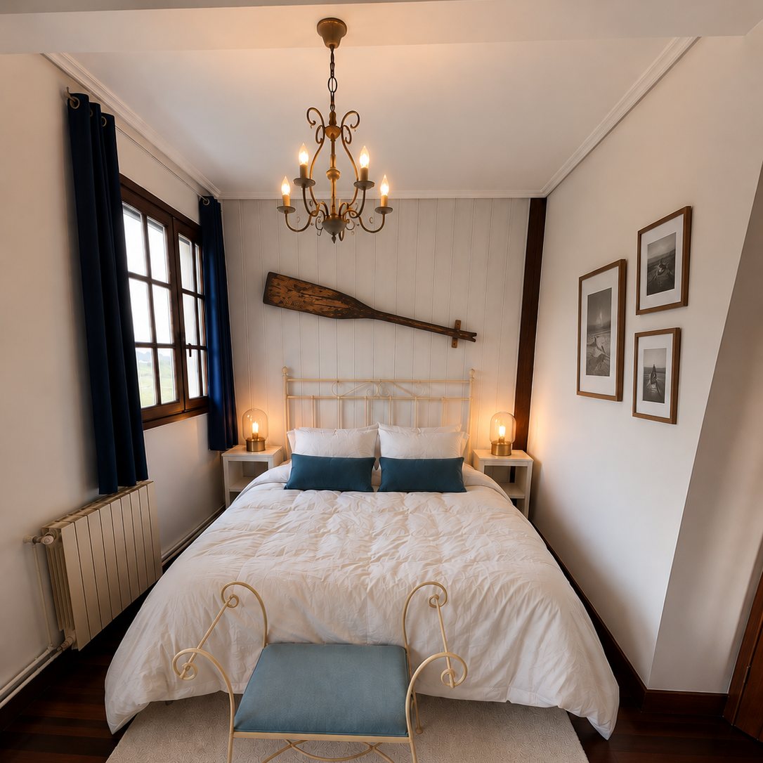 A bedroom with a ship's oar mounted above the headboard.