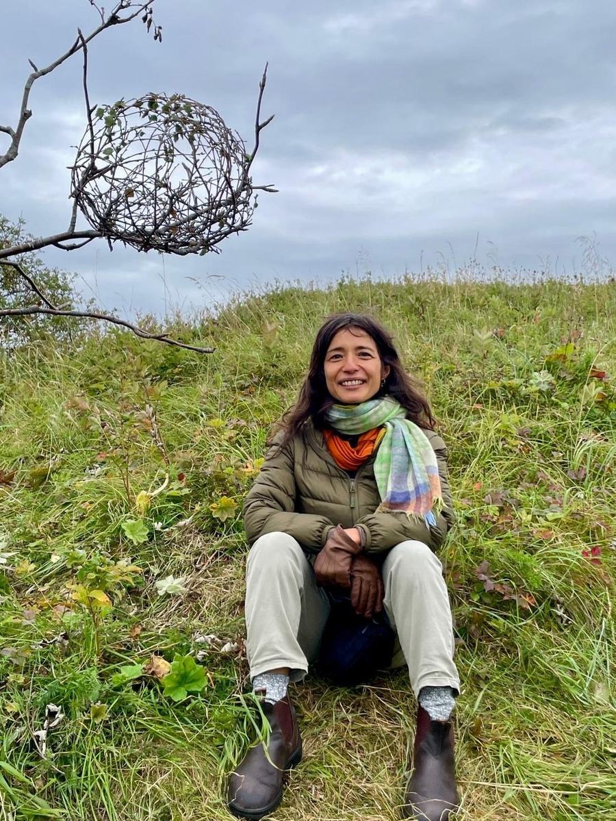 Una mujer sentada en una colina cubierta de hierba junto a una escultura de ramas trenzadas colgando de un árbol.