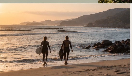 Two people carrying surfboards along the shoreline at sunset.