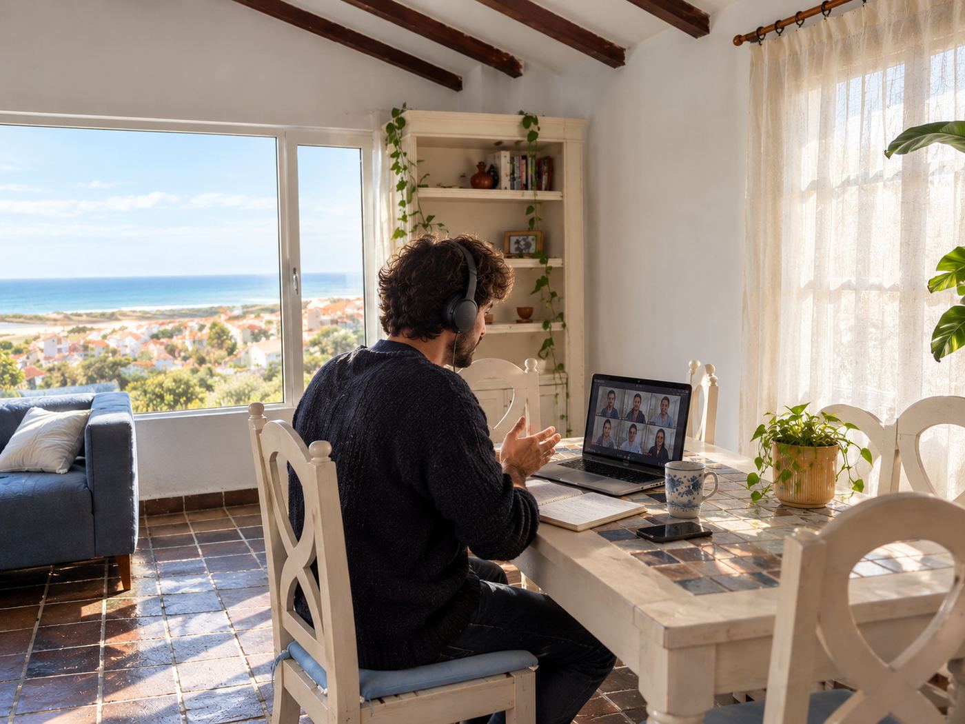 A man wearing headphones, working at a table on a video call, with a sea view through the window behind him.