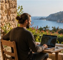 A man working on a laptop at a stone table overlooking the coast.