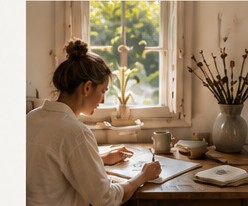 A woman writing at a sunlit desk beside a window filled with dried flowers.